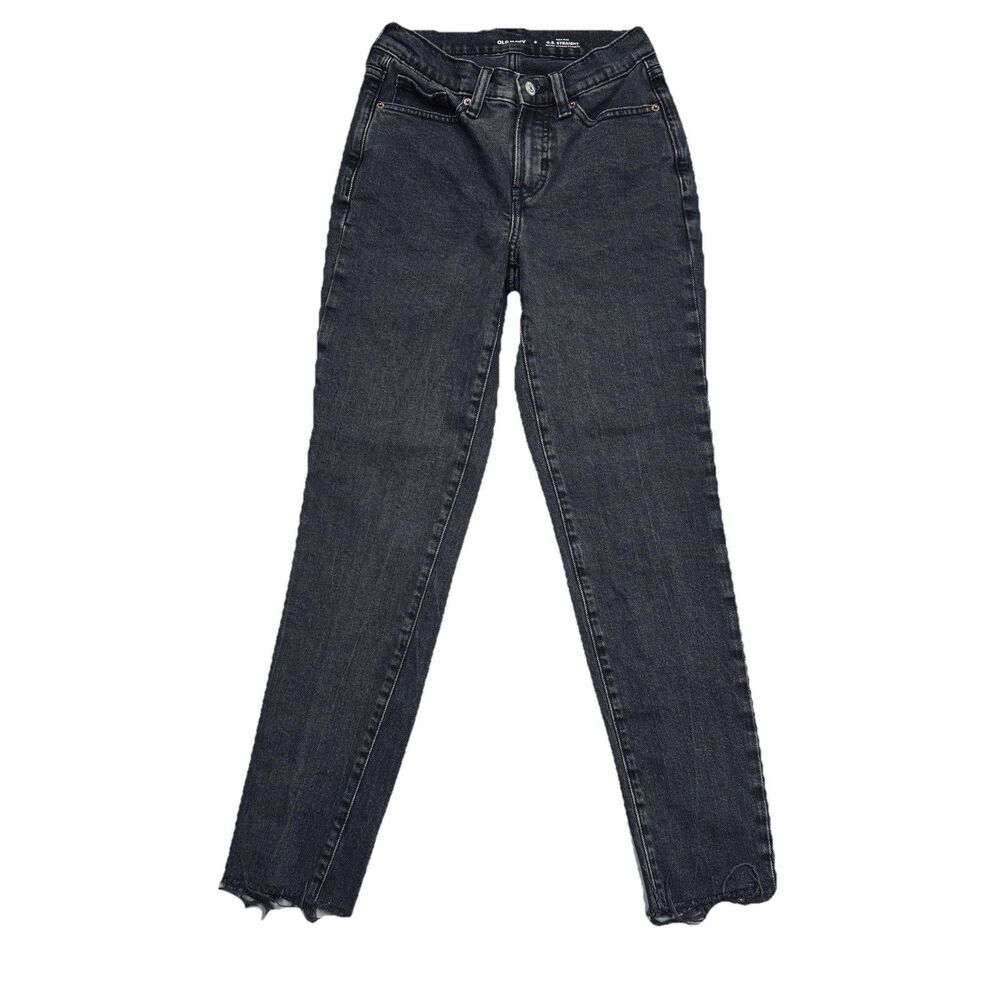 Old Navy High Rise OG Straight Jeans 0 (25 x 27) Washed Black Raw Hem Womens